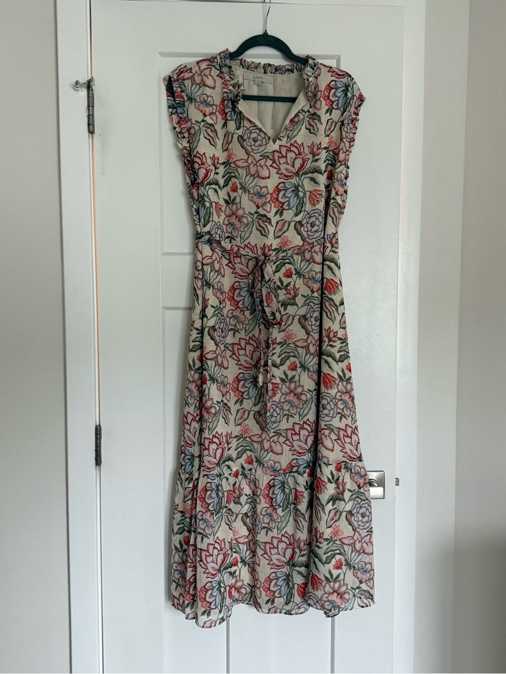 LOFT Cream Floral V-Neck Tie-Waist Maxi Dress with Pink and Green Accents